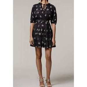 Lusana Cinched Mini Dress Women's L US 8 Black Printed Belt Tiered Anthropologie